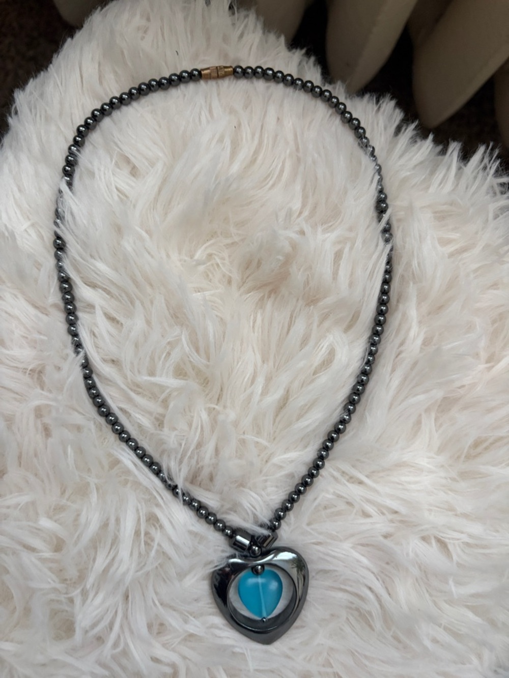 Heart Pendant Hematite Necklace with Blue Accent